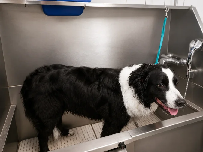 Border Collie steht beim Baden in der Wanne im Hundesalon Karlsruhe